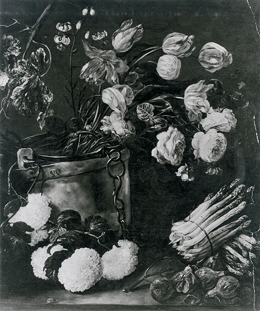Anonimo — Fyt Jan - sec. XVII - Natura morta con secchio di fiori, asparagi e fichi — insieme